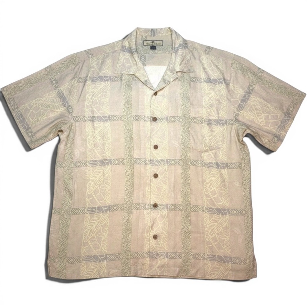 Tommy Bahama 100% Silk Camp Shirt Mens Large Beige Floral Jacquard Hawaiian